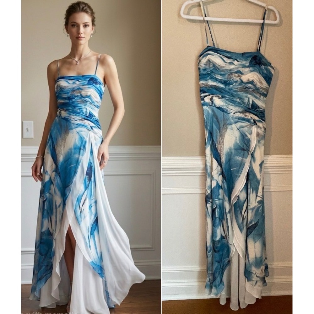 Nina Austin Size S 100% Silk Watercolor Print Blue Maxi Dress Gown Ethereal